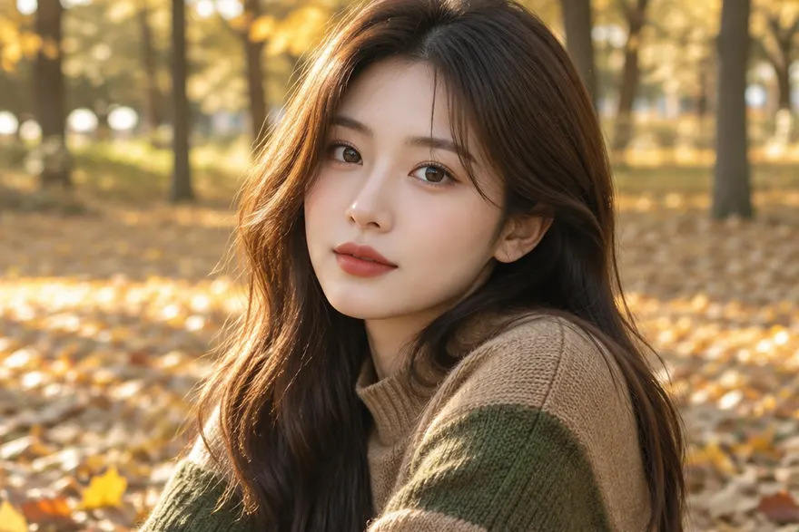 카멜·올리브 니트를 입은 한국인 여성