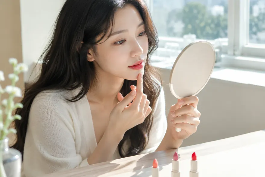 거울 앞에서 립 색을 비교해 보는 한국인 여성, 자연광