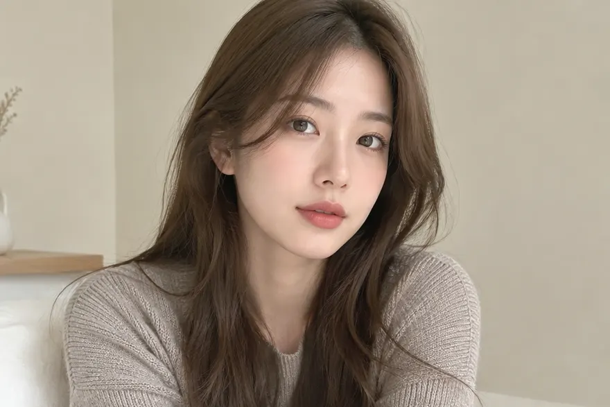 베이지와 그레이 사이 중간 톤 옷을 입은 한국인 여성