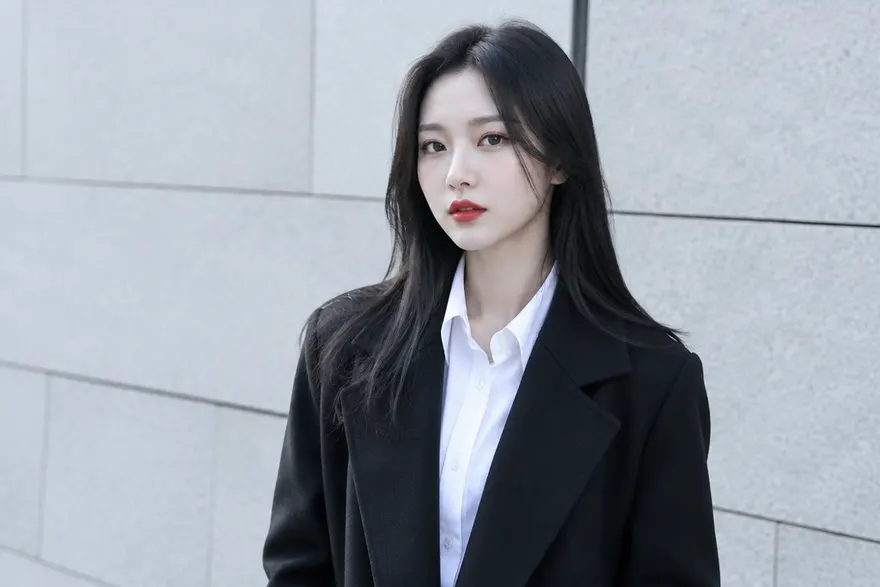 선명한 흰색과 검정 옷의 한국인 여성, 대비